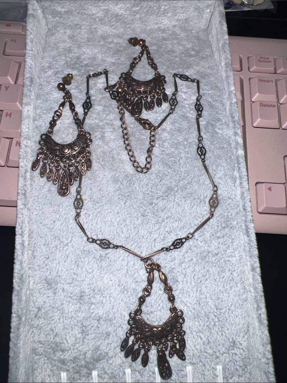 Bohemian Copper-Tone Filigree Pendant Necklace and Matching Earrings
